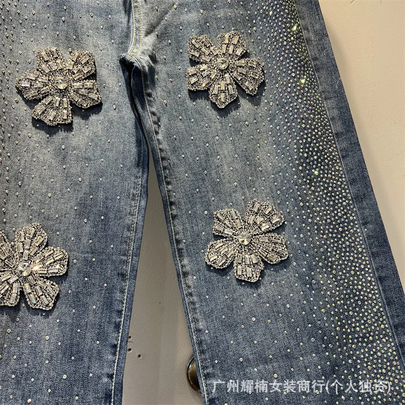 Fashionable 3d Flowers Hot Diamonds Women Denim Trousers All-match New Spring Summer Drawstring Elastic Waist Straight Jeans