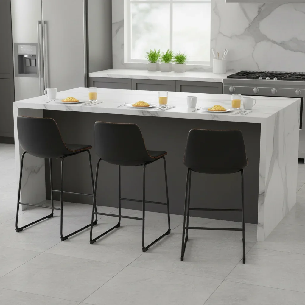 Conjunto de 2 bancos de bar modernos de couro sintético com pernas de metal e altura de balcão de 30 polegadas para ilha de cozinha preta