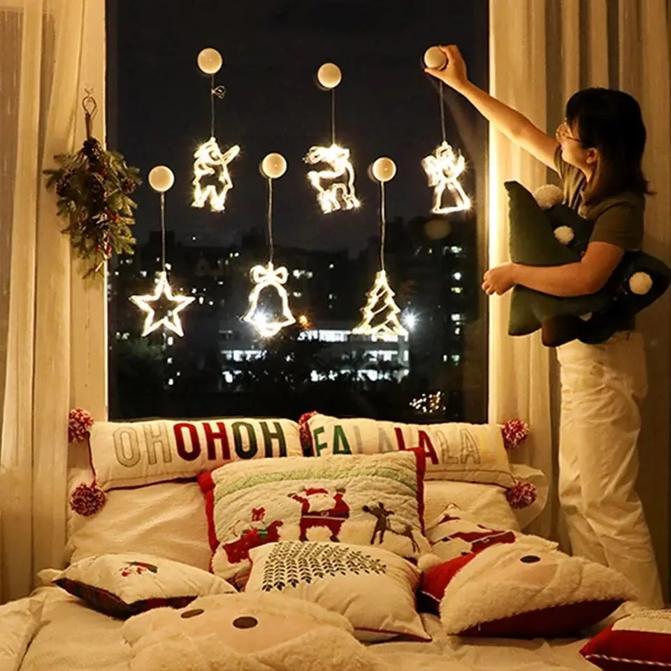 LED Christmas Bell Snowman Star Fairy Lights Battery Powered Holiday Garland Sucker String Lights for Home Bedroom Window Decor