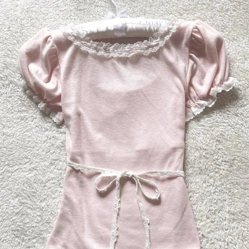 Sweet Lace T Shirt Women Clothes 2000s Vintage Streetwear Flower Casual Stringy Selvedge Crop Top  Harajuku Aesthetic Tee Shirts