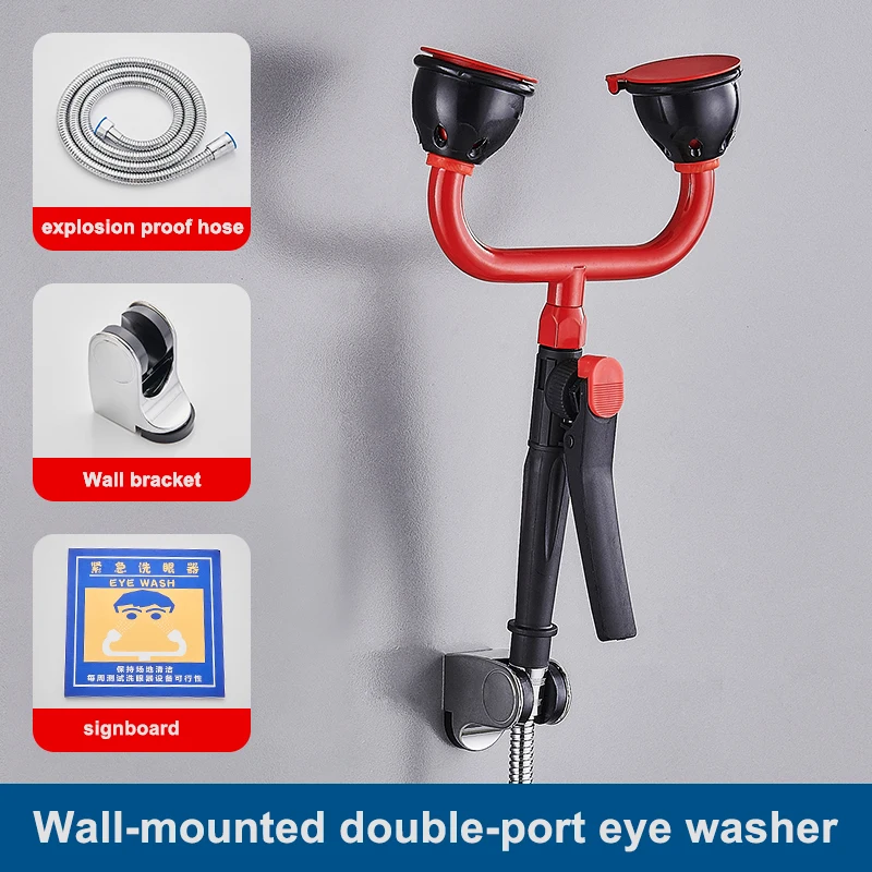 304 Stainless Steel Mobile Handheld Double Eye Washer, Wall-Mount Eyewash/Drench Hose Unit with Squeeze-Open Valve，1 piece