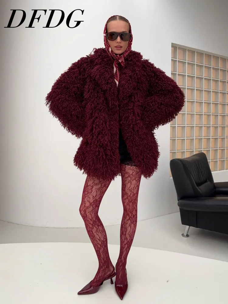 DFDG Abrigo de piel esponjosa burdeos de invierno para mujer, abrigo de manga larga de gran tamaño, ropa de abrigo cálida informal, abrigo de moda femenina de 2025