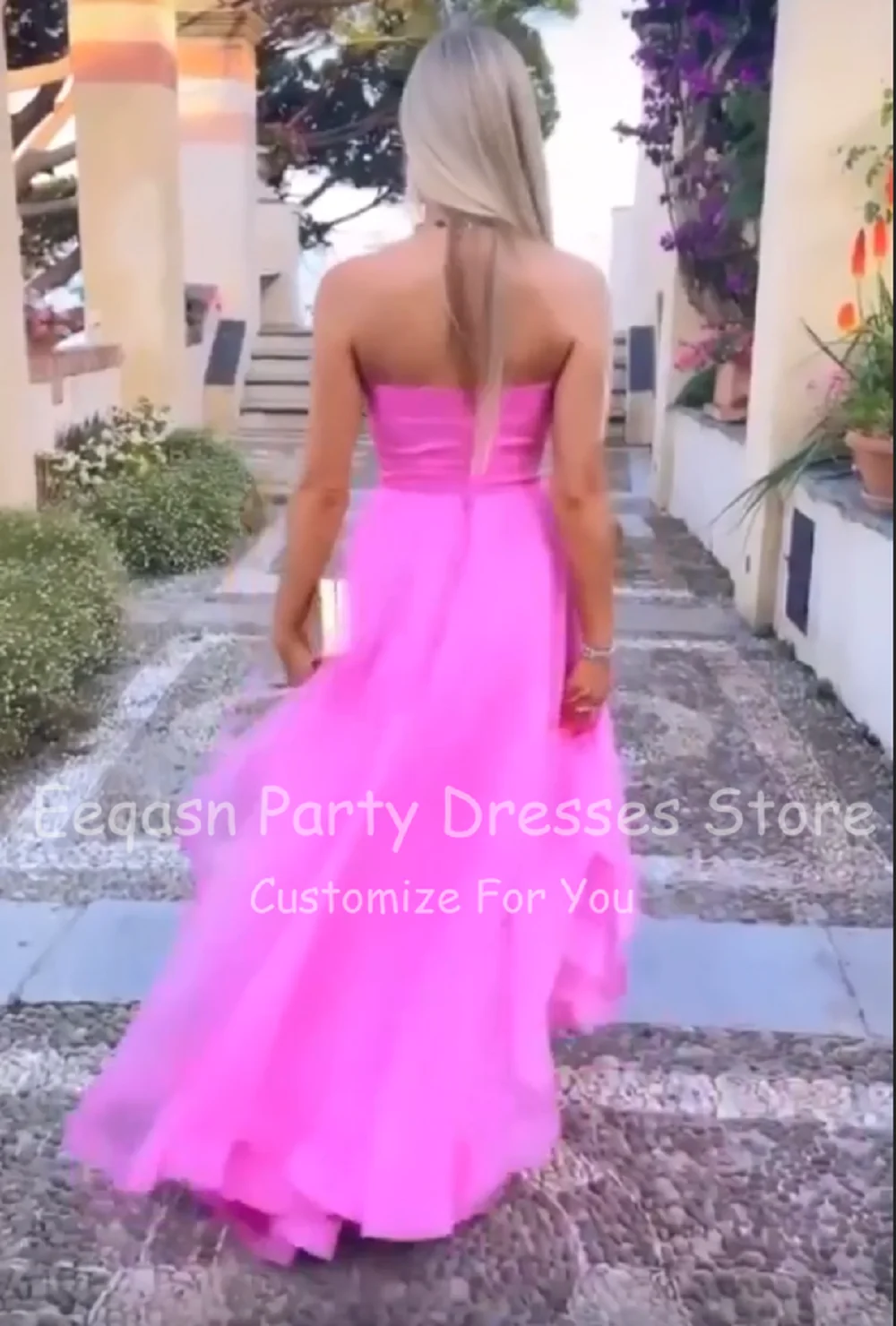 Customized Hot Pink Ruffles Organza Prom Dresses Pleat Strapless Women Formal Evening Dress Special Party Gowns Bridesmaid Dress