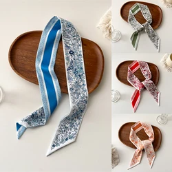 Luxury Design Floral Silk Skinny Scarf for Women Hairbands Soft Fashion Long Ribbon Bag Scarves Ties for Lady 2024 Spring New