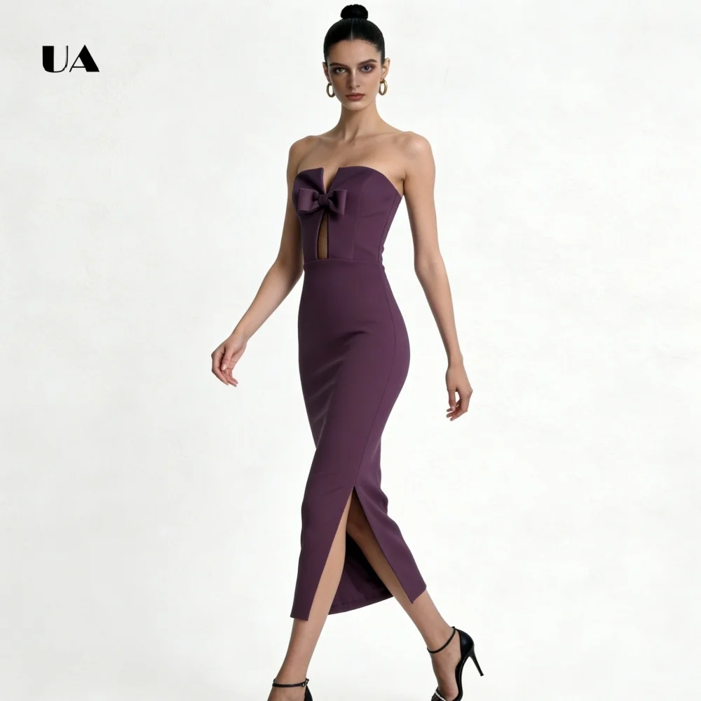 ULBYANRY Trägerloses Ballkleid mit Schleife, solide ärmellose Abendkleider mit Ausschnitten für Damen, einfaches, individuelles Partykleid mit Schlitz