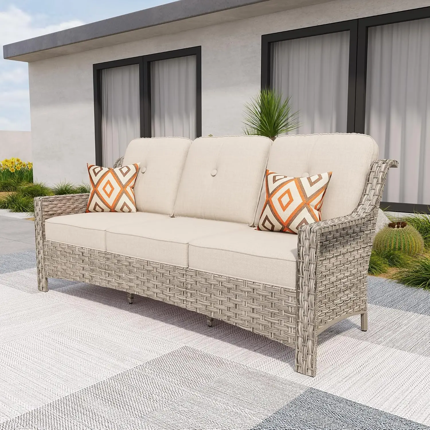 

Диван для патио, уличный плетеный 3-местный диван, всепогодная мебель из ротанговой террасы с высокой спинкой (бежевый, коричневый)