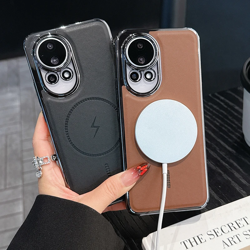 حافظة لهاتف هواوي نوفا 13 12 12 برو 12 فائقة المطلية بالكهرباء مصنوعة من الجلد وشحن لاسلكي مغناطيسي مقاوم للصدمات