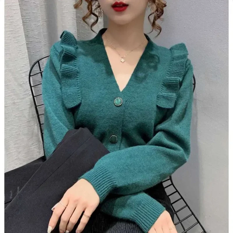 New Women's Clothing Long Sleeve V-Neck Knitted Slim Casual Sweet All-match Solid Color Ruffles Button Sweaters Cardigan E650