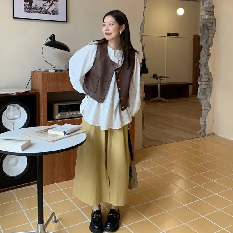 Vintage Pu Leather Vests Women Streetwear Crop Waistcoats Harajuku Sleeveless Pocket Tanks Casual Outwear Korean Jackets Tops