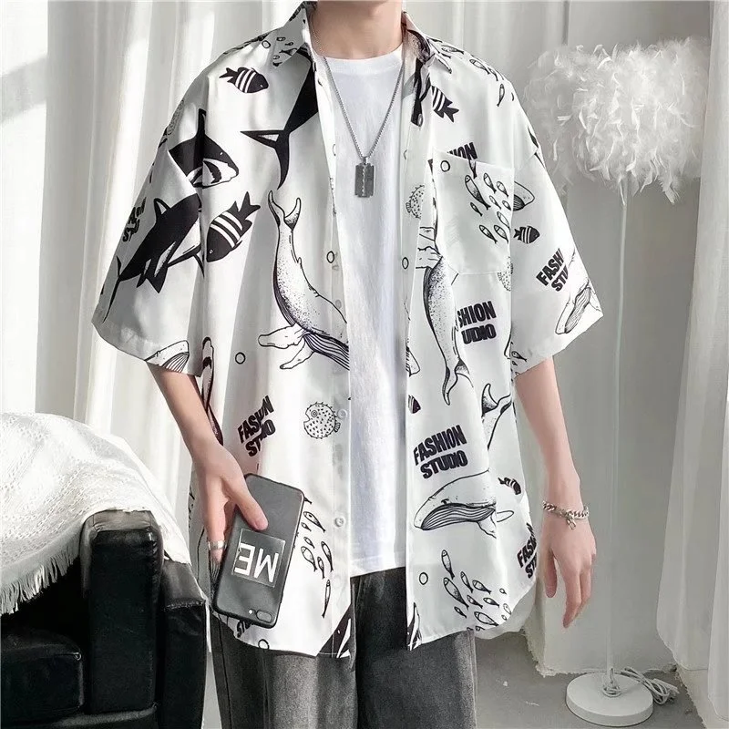 2024 Summer Men Whale Print Short Sleeve Shirt Fashion Cool Thin Loose Lapel Tops Hawaiian Holiday Beach Shirts Streetwear