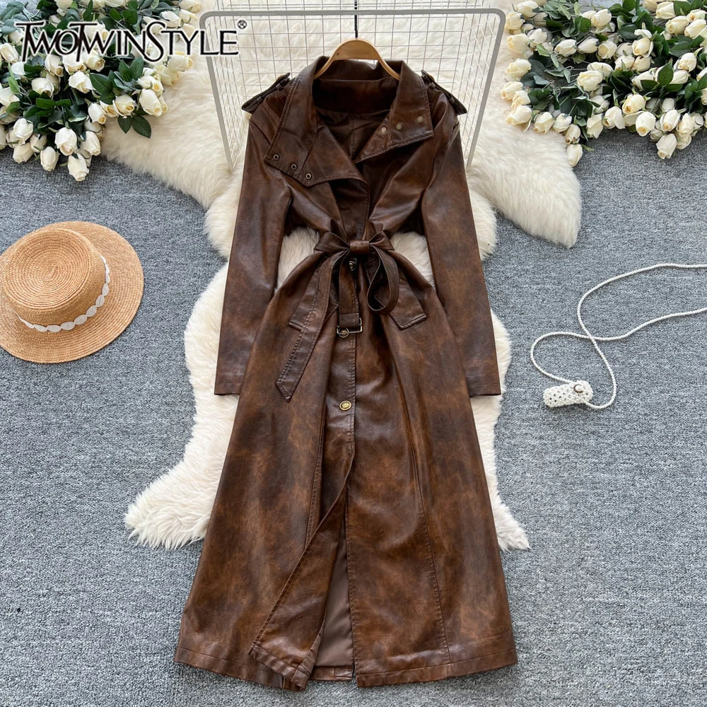 

TWOTWINSTYLE British Style Solid Trench For Women Lapel Long Sleeve Spliced Lace Up Autumn Elegant Jackets Female New KDR550082