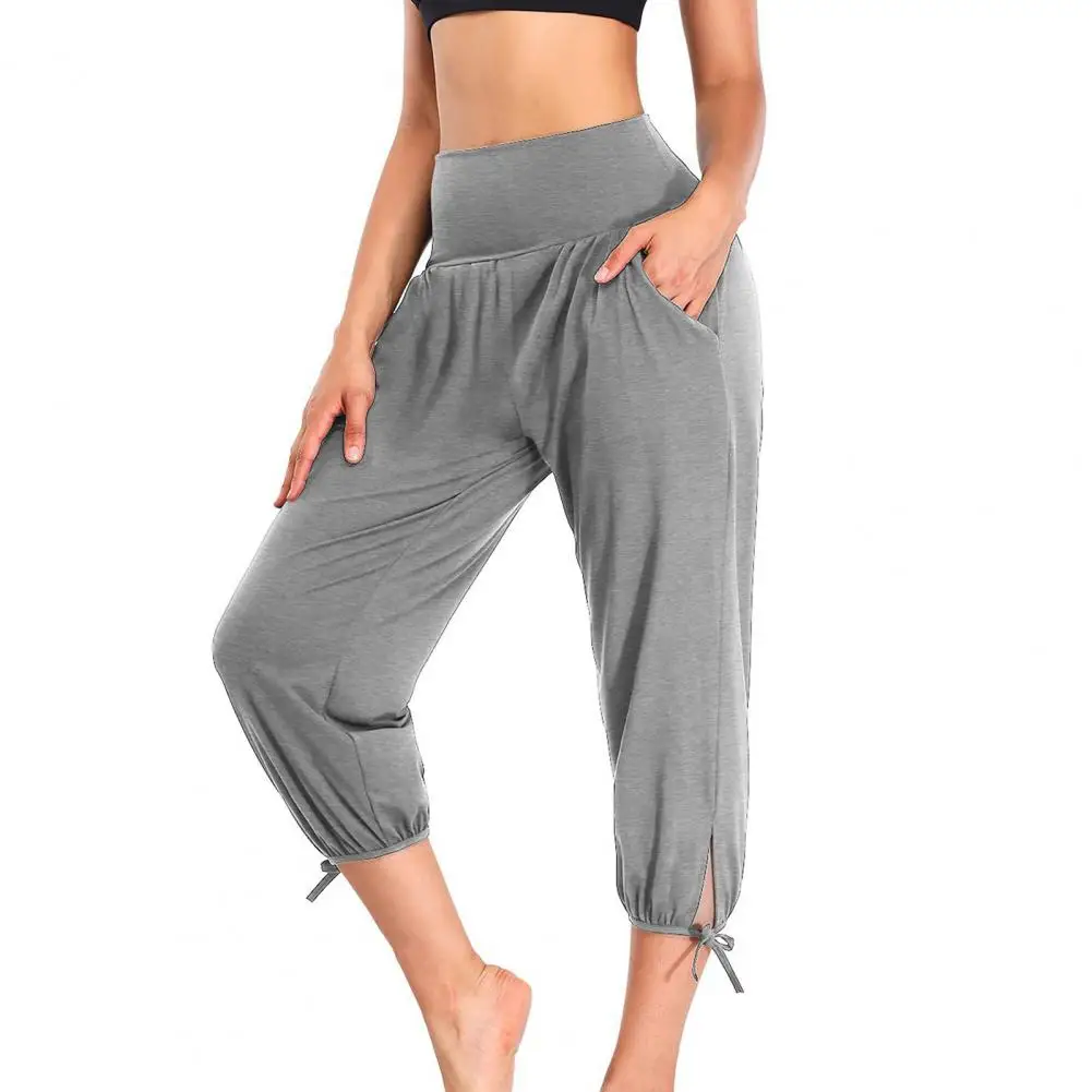 Women High Waist Cropped Pants High Waist Yoga Pants with Pockets Stretchy Sport Cropped Pants for Women Solid Color for Women