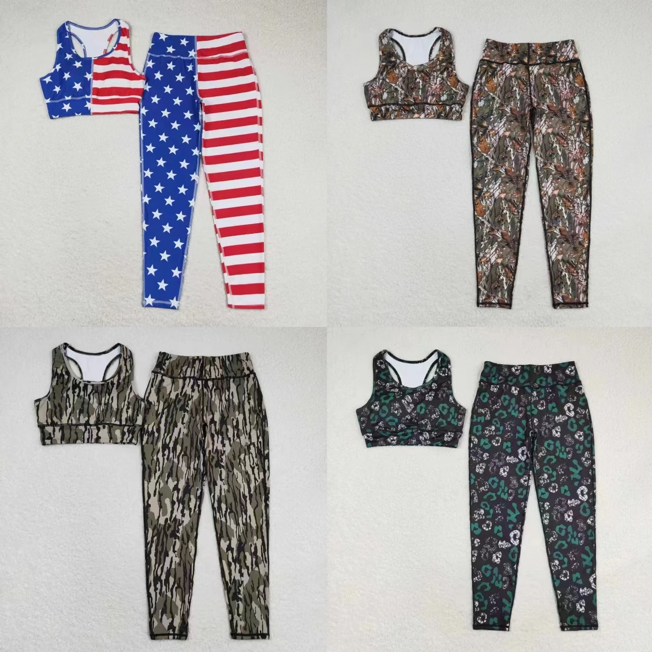 

Wholesale Adult Women Summer Sets Sleeveless Tops Leggings Pants Camo Stars Stripes Outfit Two Pieces Sports Woman Girl Clothing