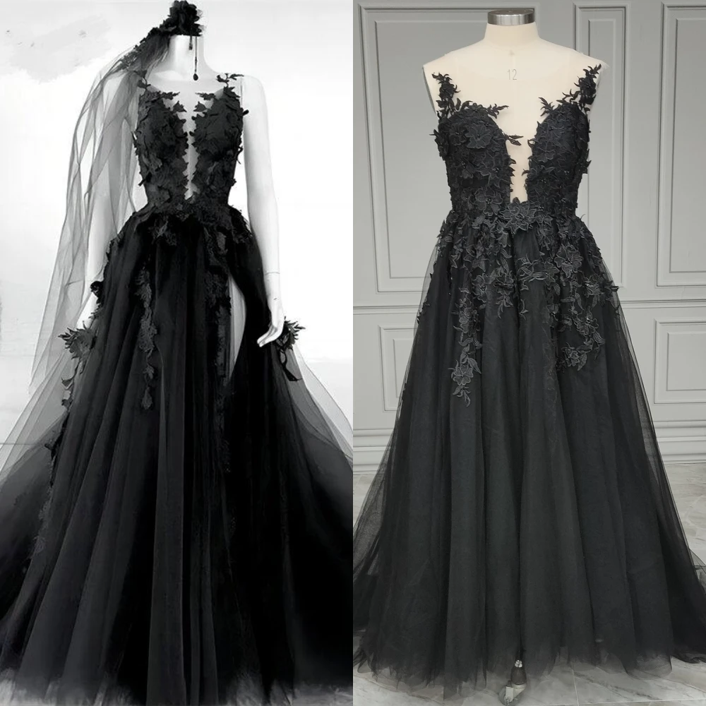 15498 #   Vestido de novia gótico negro con foto Real, vestido de novia Sexy con abertura lateral, vestido de novia de tul sin espalda personalizado de talla grande