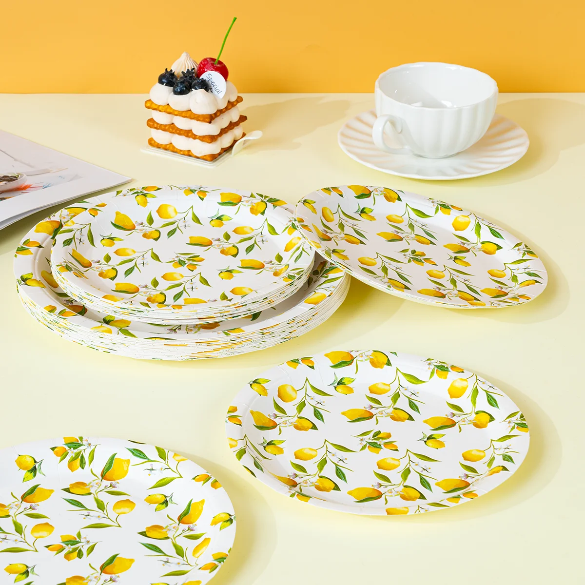 Yellow Lemon Green Leaf Disposable Round Paper Plates, Lightweight Party Paper Plates for All Occasions image 4