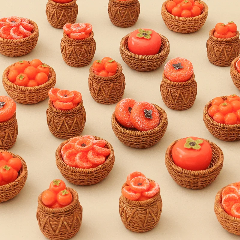 Dollhouse Mini Persimmon with Baskets Dried Persimmon Scale Miniature Food Toys Simulation Home Decor Ornaments Model