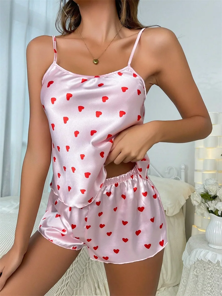 Women's Valentine's Day Lounge Set Satin Slik Spaghetti strap Sleeveless Heart Print Cami Tops Shorts Y2k Sweet Sleepwear Sets