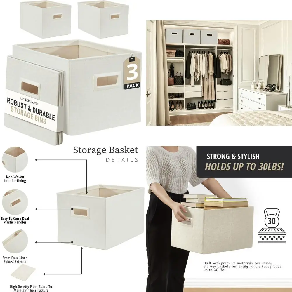 صناديق تخزين قماشية قوية للأرفف - مثالية لتنظيم الألعاب والملابس والكتب (مجموعة من 3 قطع، بيج)