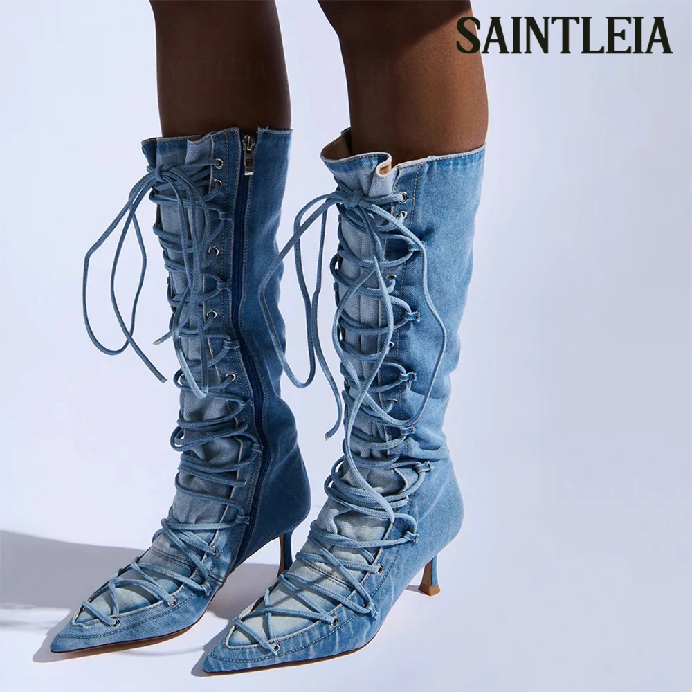 

Cross Strappy Denim Stiletto Boots Metallic Silver Grommets Knee High Boots Adjustable Laces Pointed Toe Women Boots for Women