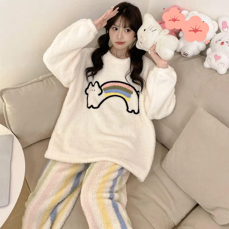 

Women's pajamas Half Flannel Sleepwear Winter Japanese Cute Little Cat Thick Coral Fleece Winter Warm Home Suit Set Autumn Funny