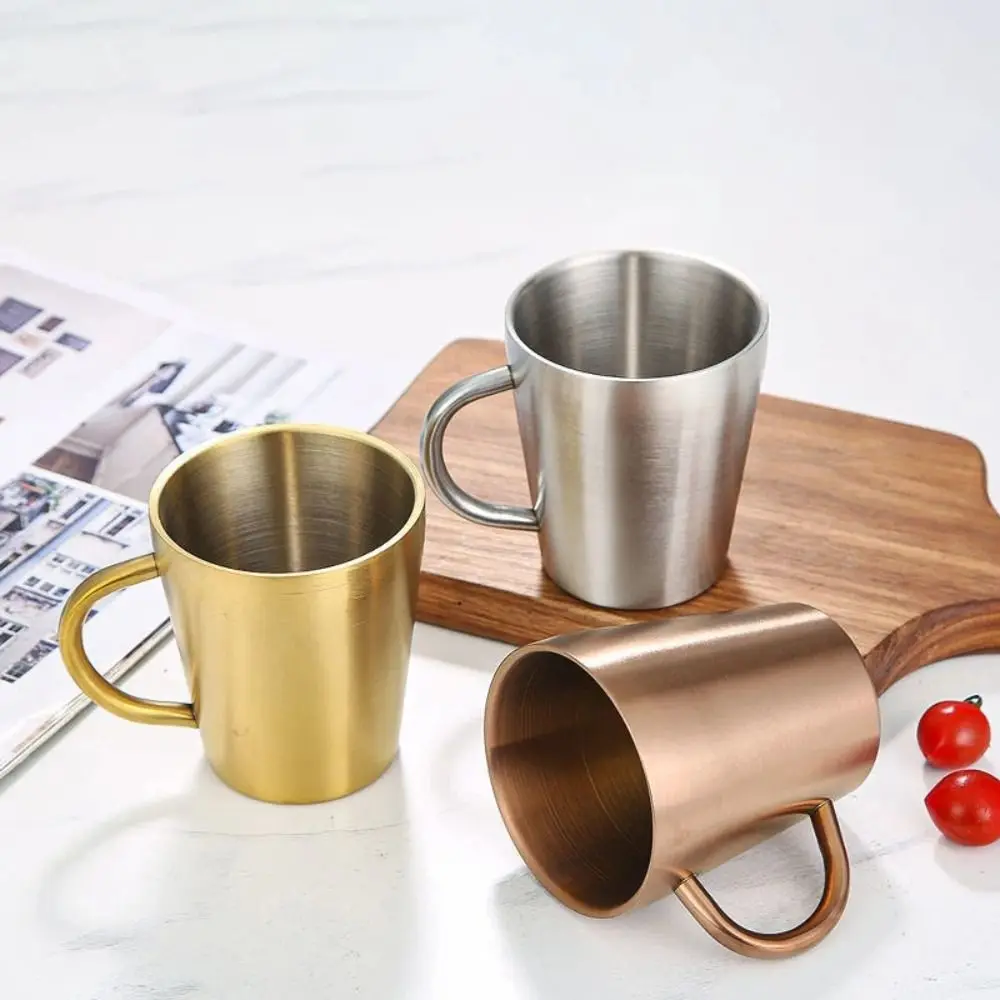 300ml Double-Layer Water Cup Home Dining Drinkware Mugs 304 Stainless Steel Beer Cup Gold Sliver Coffee Mugs With Handle