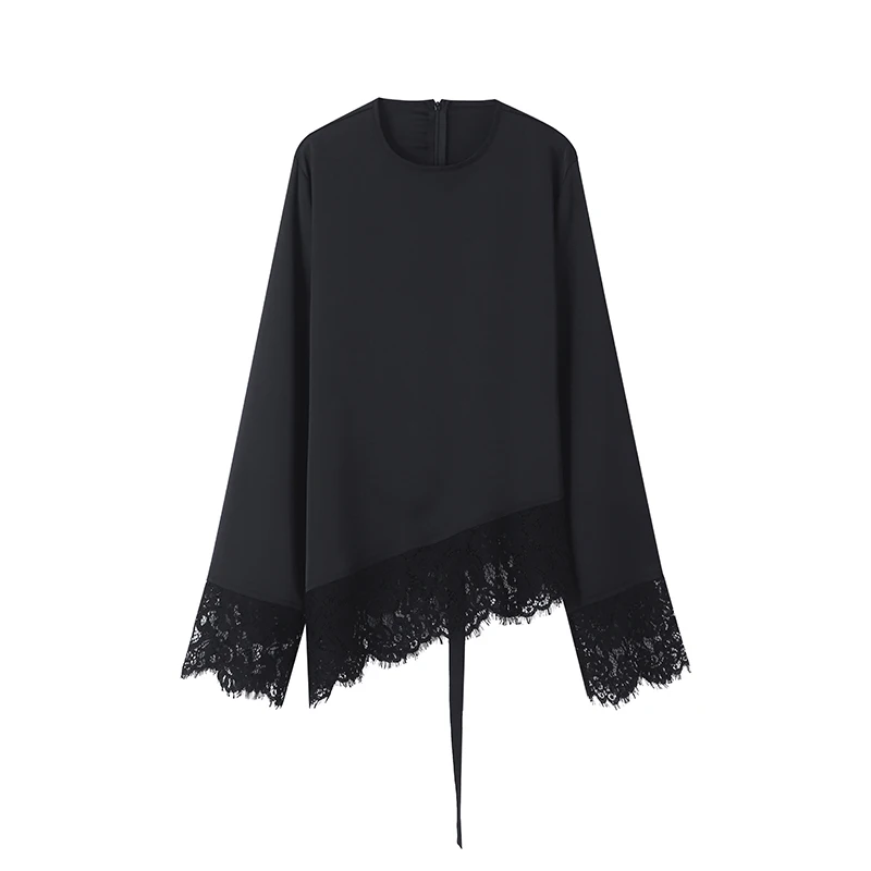 Elegant Lace Top Slim O-Neck Patchwork - Black