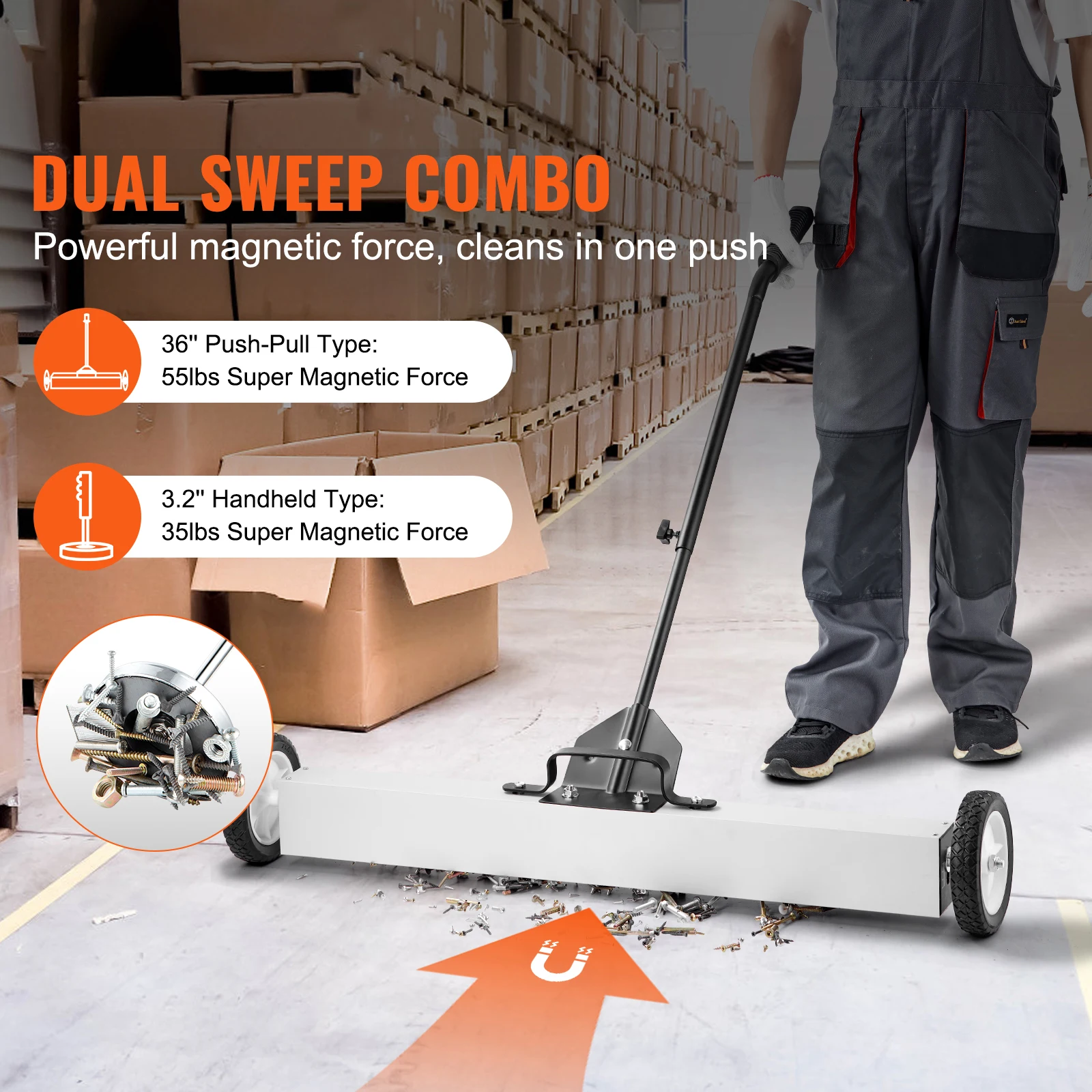 VEVOR 36-Inch Magnetic Sweeper with Wheels 55 lbs Capacity  Telescoping Magnetic Pickup Tool Adjustable for Workshop Garage