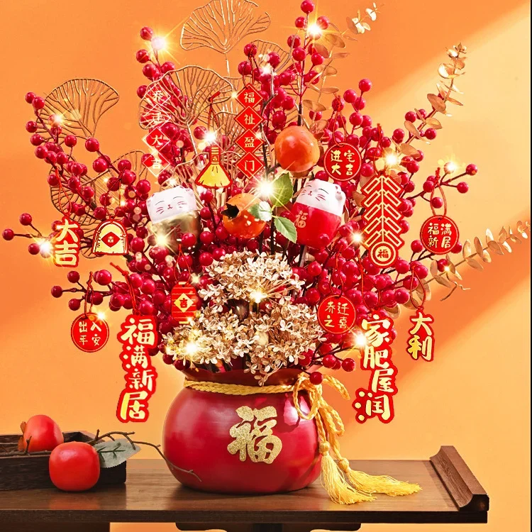 New Year Metal Fake Flowers Pot Lucky Bucket Red Berry Wealth Fruit Vase Accessories Home Dining Room Desktop Items Decor Crafts