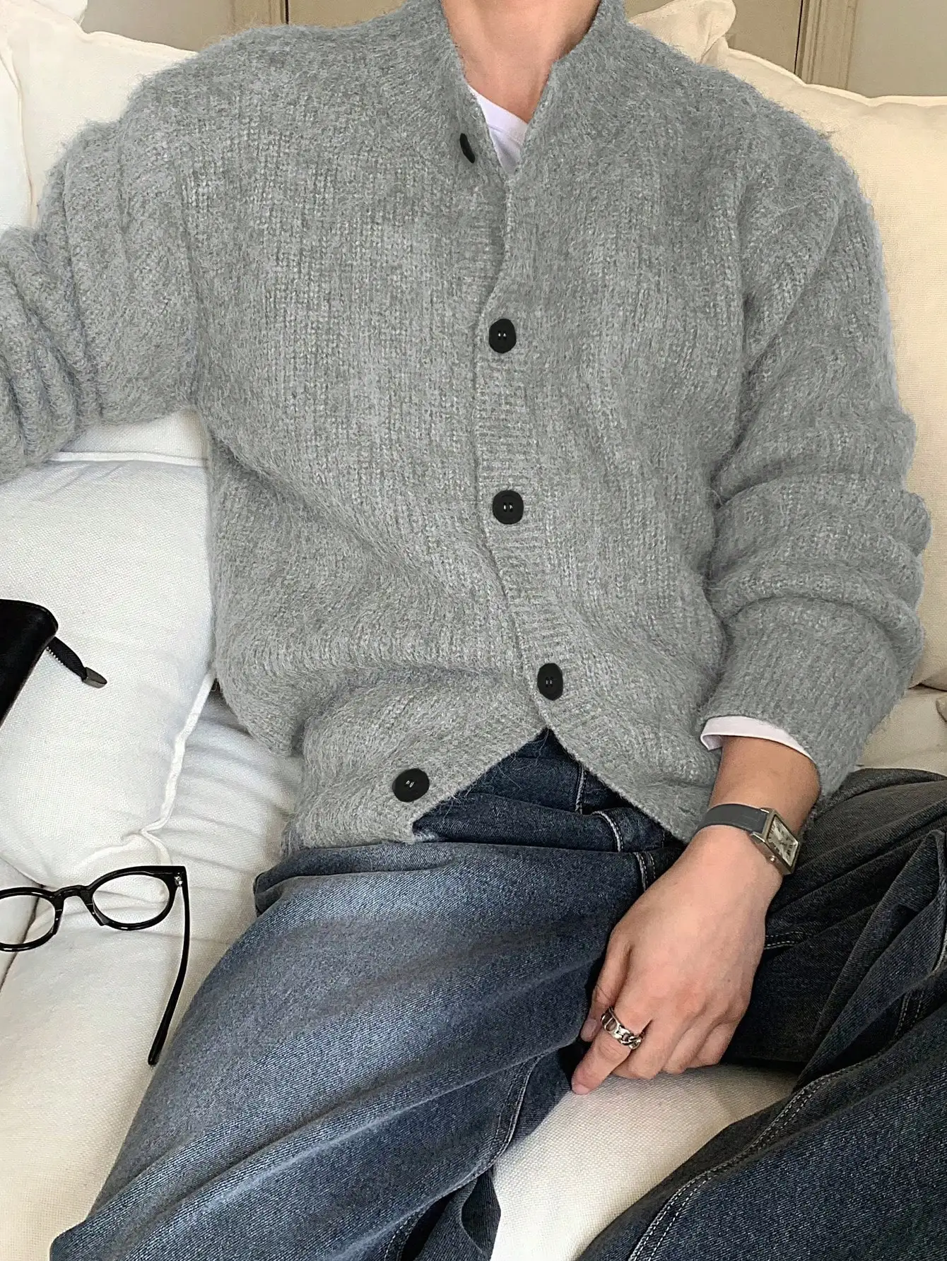 

Spring, Autumn, and Winter Casual Loose Knit Striped Asymmetrical Button Half-Cardigan Men's Pullover Sweater High Street Style Top