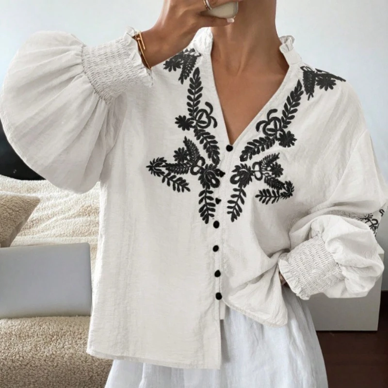 

floral Embroidered Women's blouse shirt Spring Autumn Casual Button up lantern Long Sleeve V neck blouses boho beach Shirts tops