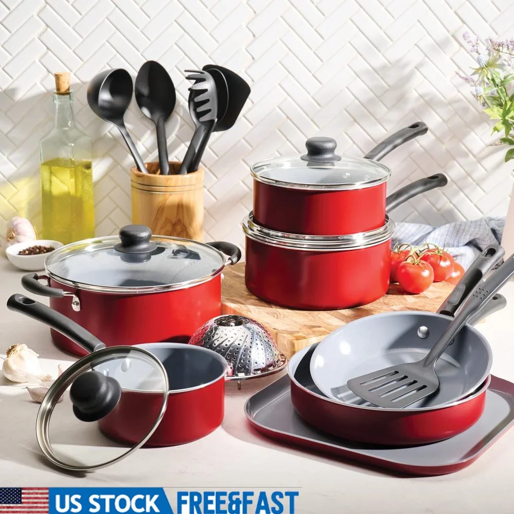 

18 Piece Ceramic Cookware Set Nonstick Cookware Essentials Kitchen Cooking Pans Lightweight Dishwasher Safe Heat Resistant