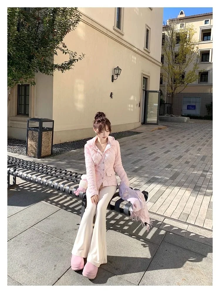 Autumn and winter sweet and cute style spicy girl short style slim fit diamond grid cotton jacket casual commuting women's top