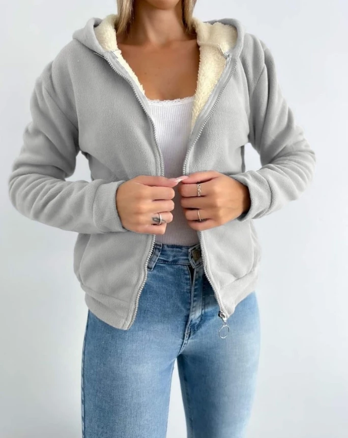 Casual Winter Clothes for Women New In Coat Zip Up Hoodies Solid Color Large Pocket Jacket Wool Lining Warm Hoodie Winter Coat