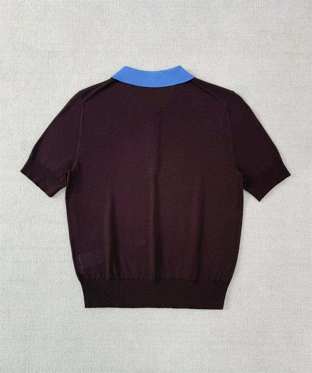 Blue Brown Contrast Lapel Lightweight Top Knitted Short-Sleeved Polo Shirt