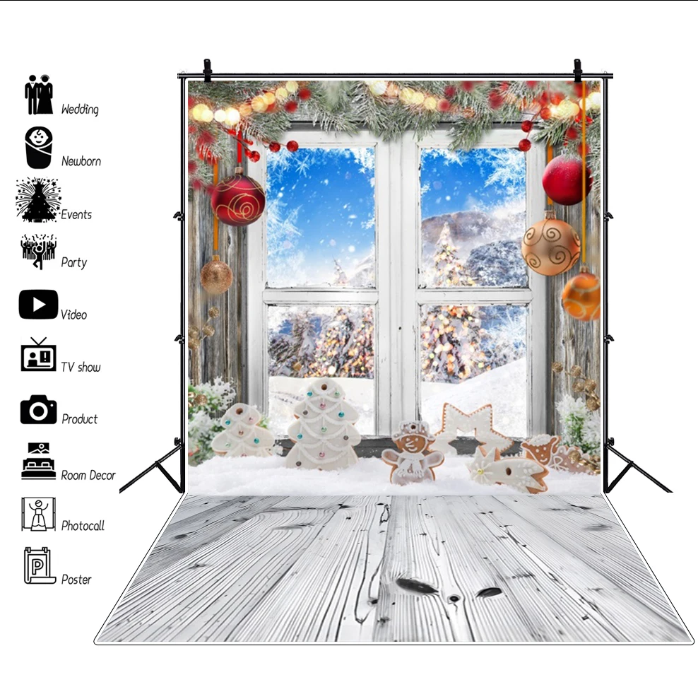 Christmas Windows Bears and Gifts Backdrops Red Curtain Starry Sky Kids Family Photography Baby Photocall Xmas Wall Backgrounds