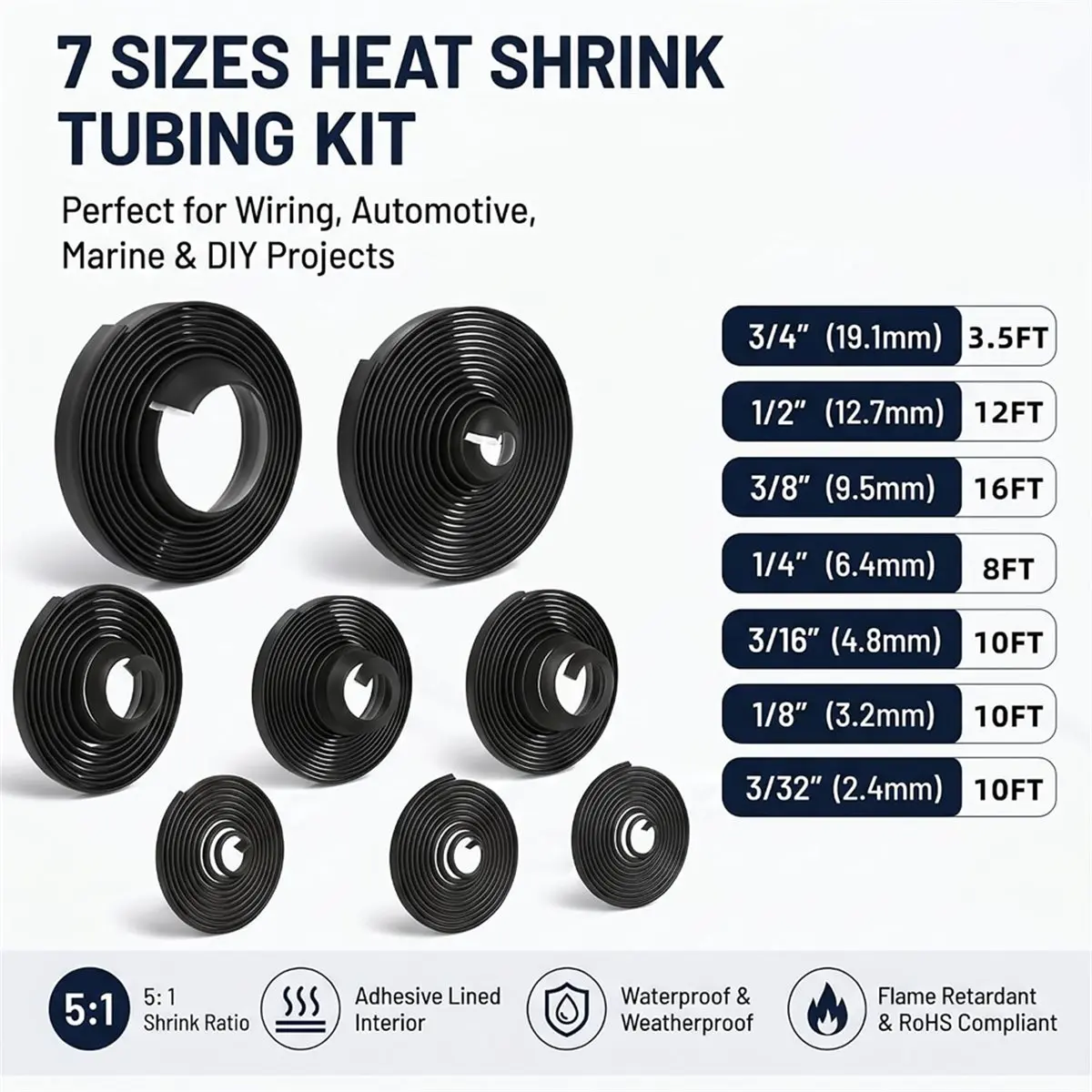7-Size Heat Shrink Tubing Roll Kit, 5:1 Adhesive Lined, 69.5 Ft Waterproof, Insulated Sealed,for Home Use & Industrial