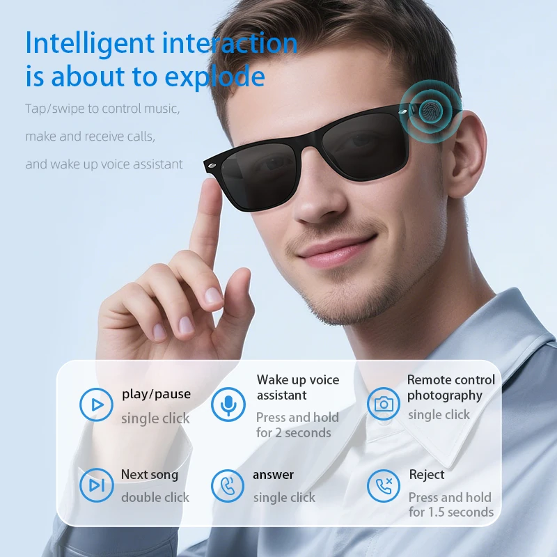 Okulary przeciwsłoneczne FIR IWO Bluetooth z odtwarzaczem muzyki, funkcją tłumaczenia, ochroną przed niebieskim światłem, sterowaniem dotykowym, wbudowanym głośnikiem i mikrofonem.