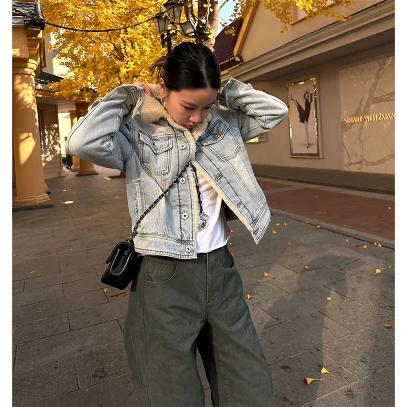 

Джинсовое пальто с настоящей овечьей лампой, зимнее меховое плюшевое женское осеннее свободное пальто для милых девушек, для колледжа, для классной комнаты, против морщин, на пуговицах