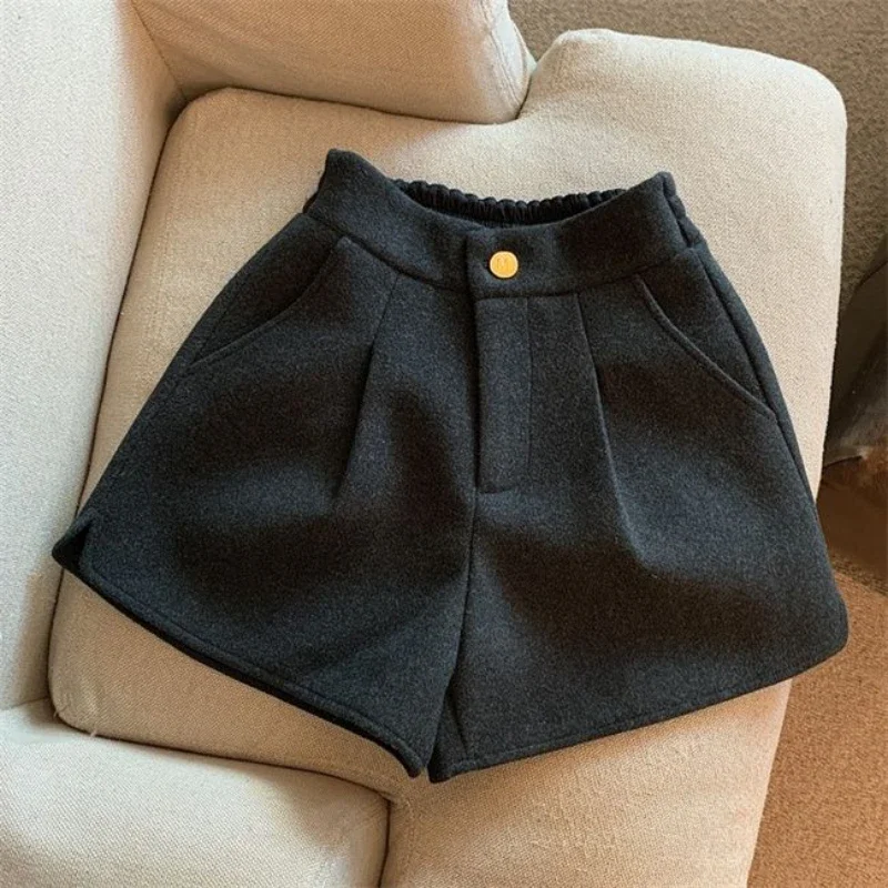 Kids Girls Woolen Wide Leg Pants 2024 New Arrival Teenage Girls High Waist Loose Sprit Shorts Children Autumn Winter Clothes