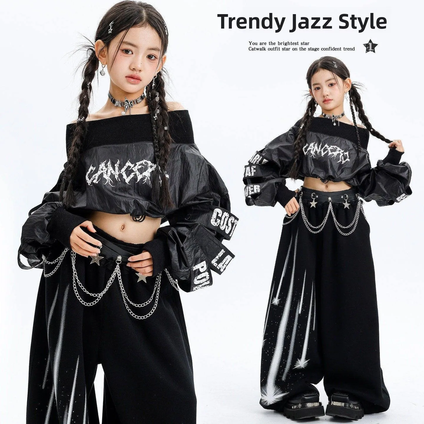 

Fashionable Jazz Dance Girl's Printed Pants Set One Shoulder Meteor Print Spring Showtime Stage Wear Long Sleeve Elastic Fiber