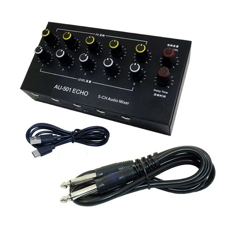 AA60 5-Channel Audio Mixer Portable Mini Microphone Extender Mixing Console with Reverb Type-C Rechargeable