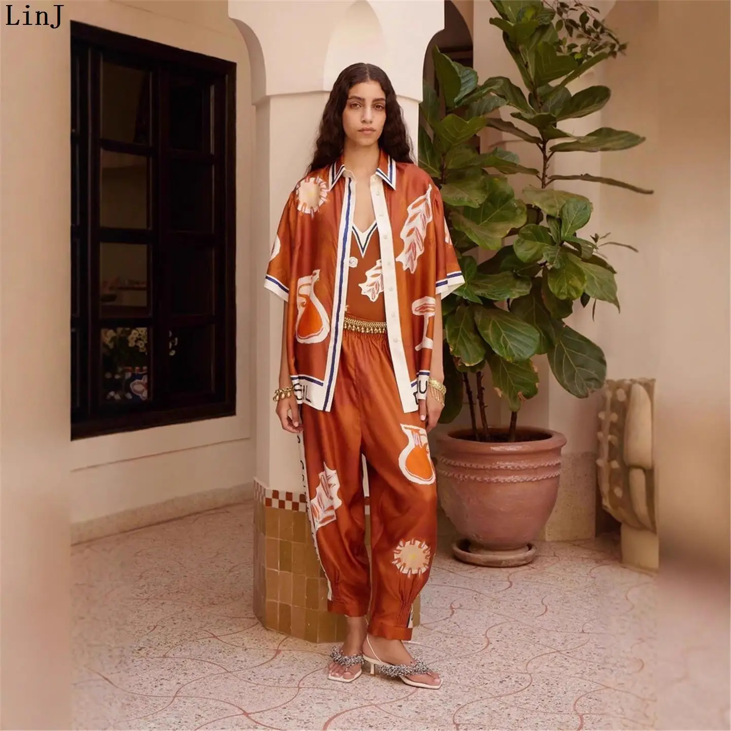 Women's Holiday Casual Loose Shirt Set New Print Fashionable Three-Piece Suit Polyester Long Pants European Style Office Wear