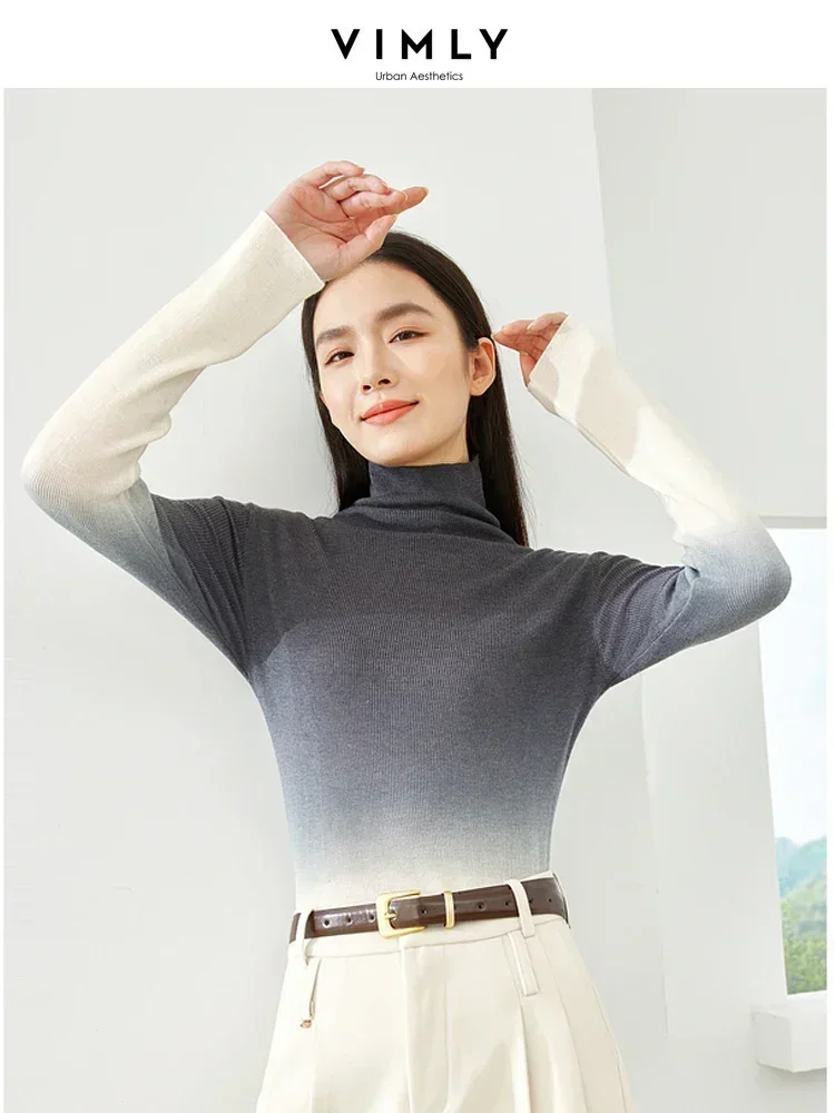 Vimly Gradient Pullovers Turtleneck Sweater Knitted Long Sleeve T-shirt for Women 2023 Winter High Strecth Basic Sweaters 16516