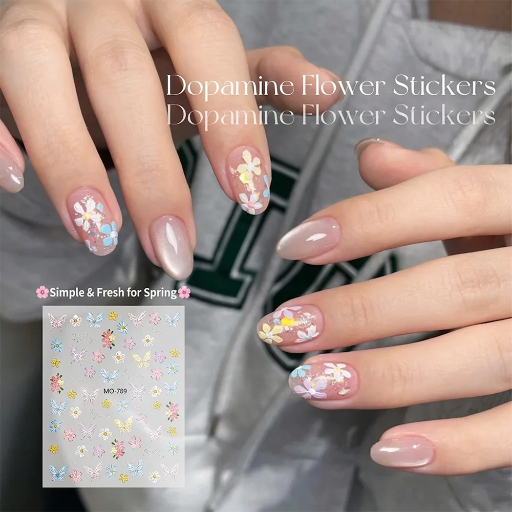 1/3pcs 5D Spring Summer Blossom Floral Nail Art Stickers Embossed Pink Blue Butterfly Daisy Tulip Floral Nail Decals Nail Slider