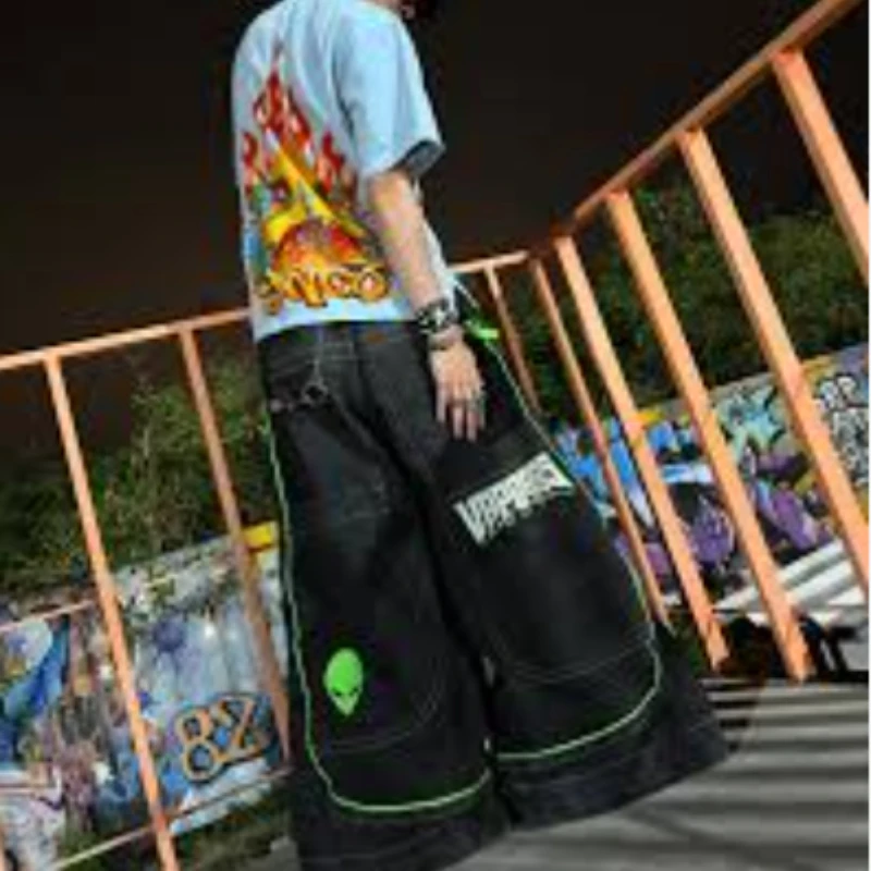 2025 European and American autumn winter jeans casual wide-leg Harajuku alien pattern trousers hip-hop high street gothic jeans