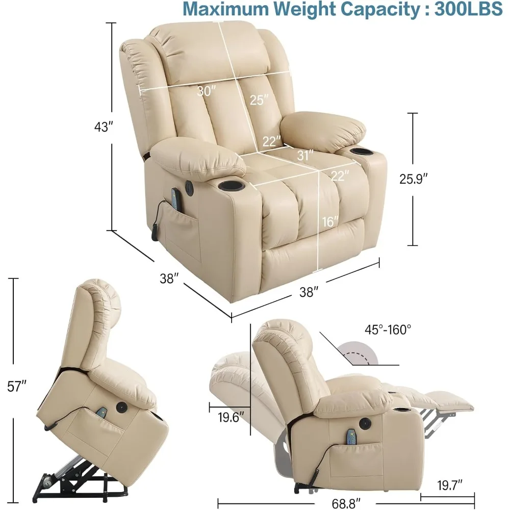 Recliner Chair for Breathable Leather Recliner Chair with Massage and Heat,2 Cup Holders,Electric Stand Assist,USB Ports