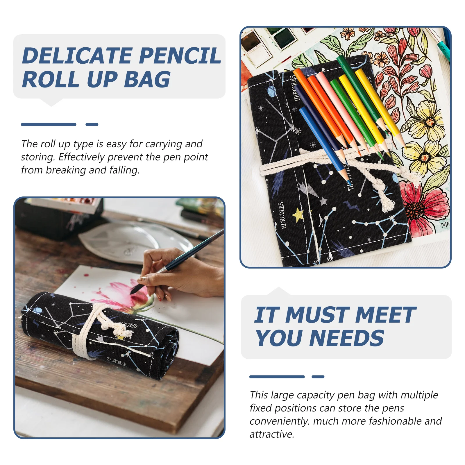 

Colored Pencil Bag Canvas Pouch Organizer Penholder Roll up Large Capacity Storage Rollable Case