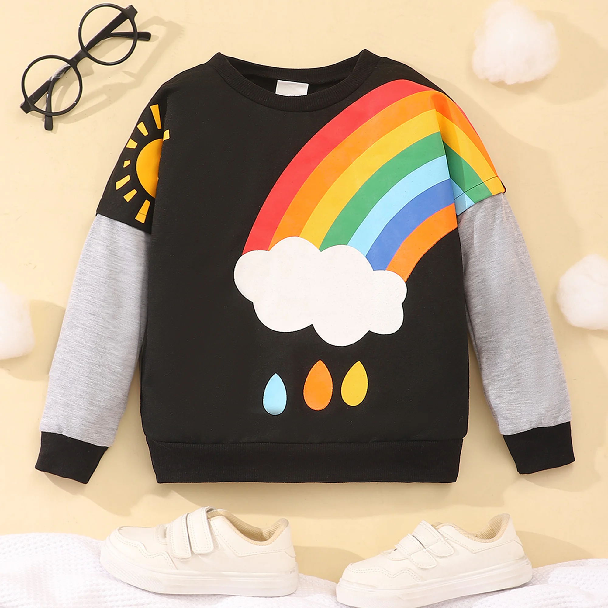 2023 Autumn Winter Boys and Girls Top Children Wear Long Sleeve Round Neck Rainbow Print Cartoon Children\'s Wear 3 4 5 6 7 Years