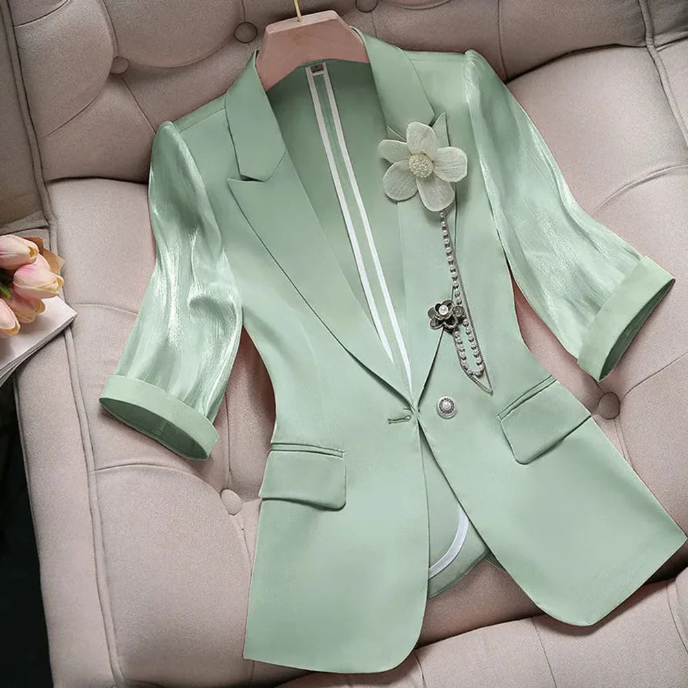 New Summer Thin Women\'s Blazer Korean Style Fashion Three Quarter Sleeves Jacket Ladies Profession Elegant Female Suit Coat Tops