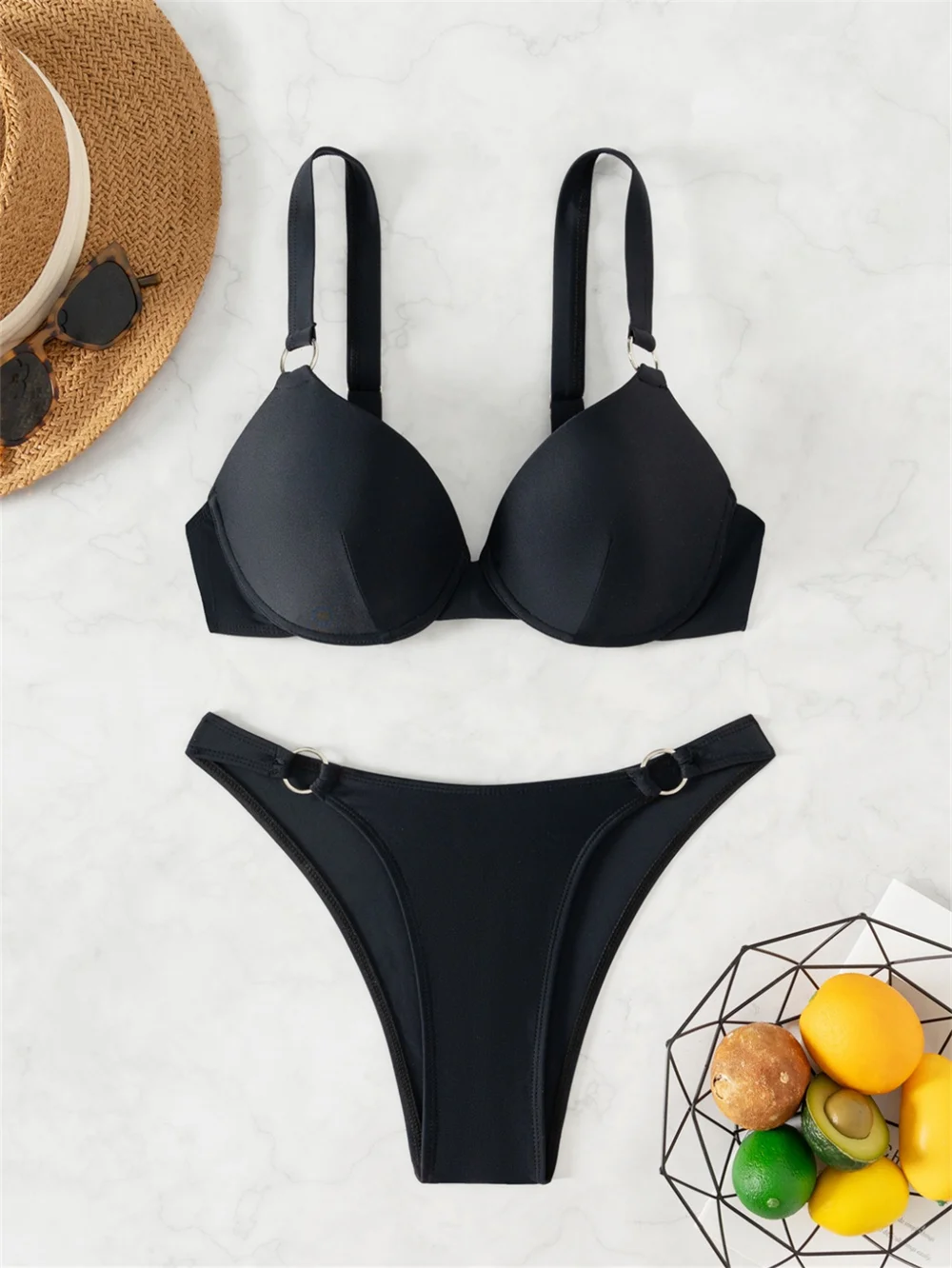 

Black Bikini Women Swimsuit Push Up Swimwear Pads Women Micro Rings Underwire Bathing Suit Beach Outfit String Lace Bikinis Sets